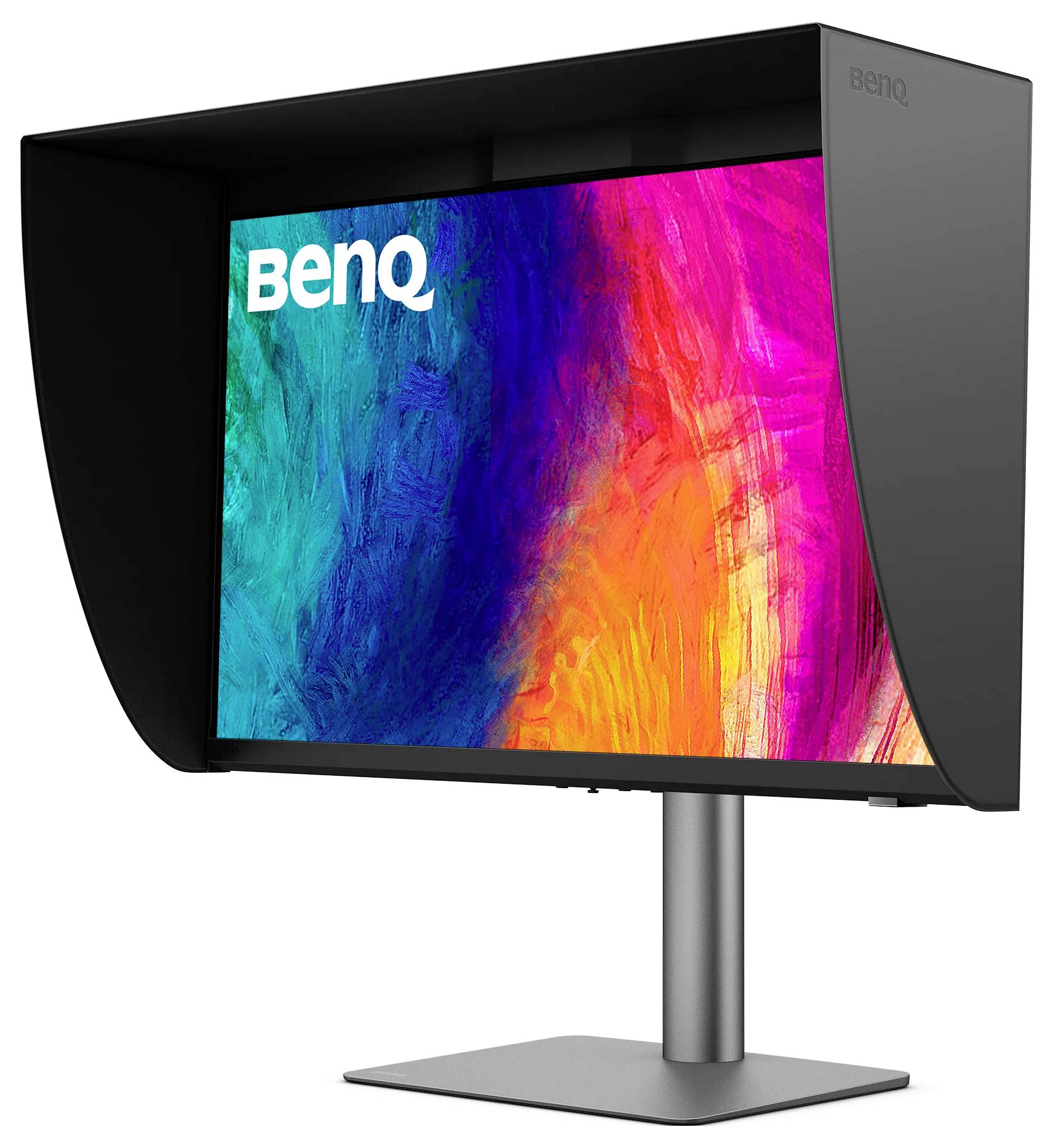 BenQ computer monitor with a color-rich abstract display and hooded side panels on a stand.<br>