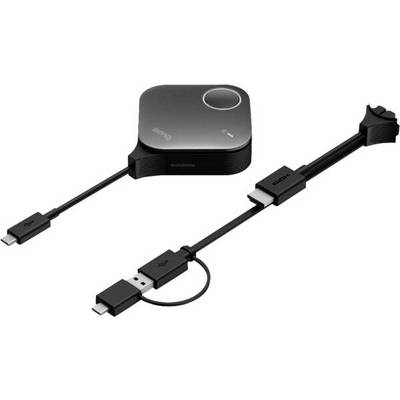Black compact USB-C hub with multiple connected cables and ports, shown from above on a white background.