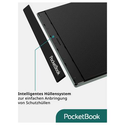 PocketBook e-reader with magnetic cover system; German text says 'Intelligentes Hüllensystem zur einfachen Anbringung von Schutzhüllen'.