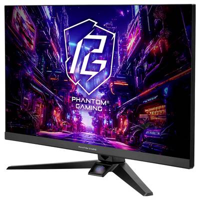 Phantom Gaming monitor displaying a neon cyberpunk city scene with a large PG shield logo and the text 'PHANTOM GAMING'.