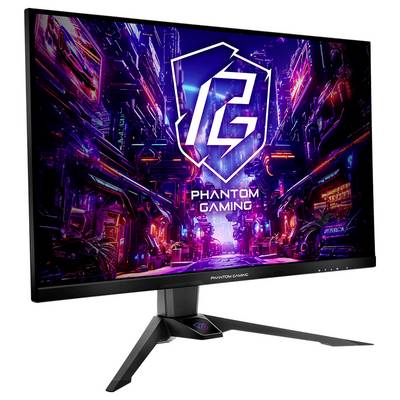 Phantom Gaming monitor displaying a neon cyberpunk city and large 'PG' logo on the screen, shown on a black stand.<br>