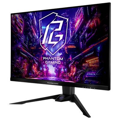 Gaming monitor displaying a neon cyberpunk 'PHANTOM GAMING' logo and text on the screen, shown on a black stand with three-legged base.<br>