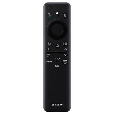 Black Samsung TV remote control with power, voice, navigation ring, volume and channel buttons, and Netflix, YouTube, and Prime Video shortcuts.