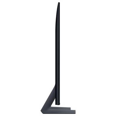 Side view of a slim black flat-screen TV or monitor on a modern angular stand against a white background.