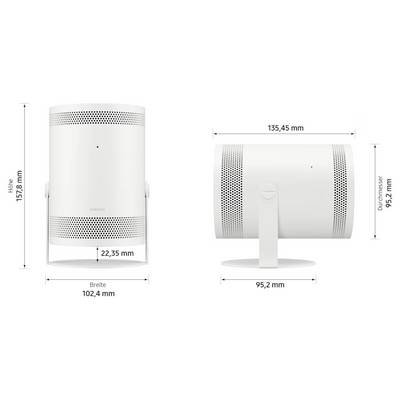 Product dimension diagram of a white cylindrical speaker: height 157.8 mm, width 102.4 mm, depth 95.2 mm, and top width 135.45 mm.
