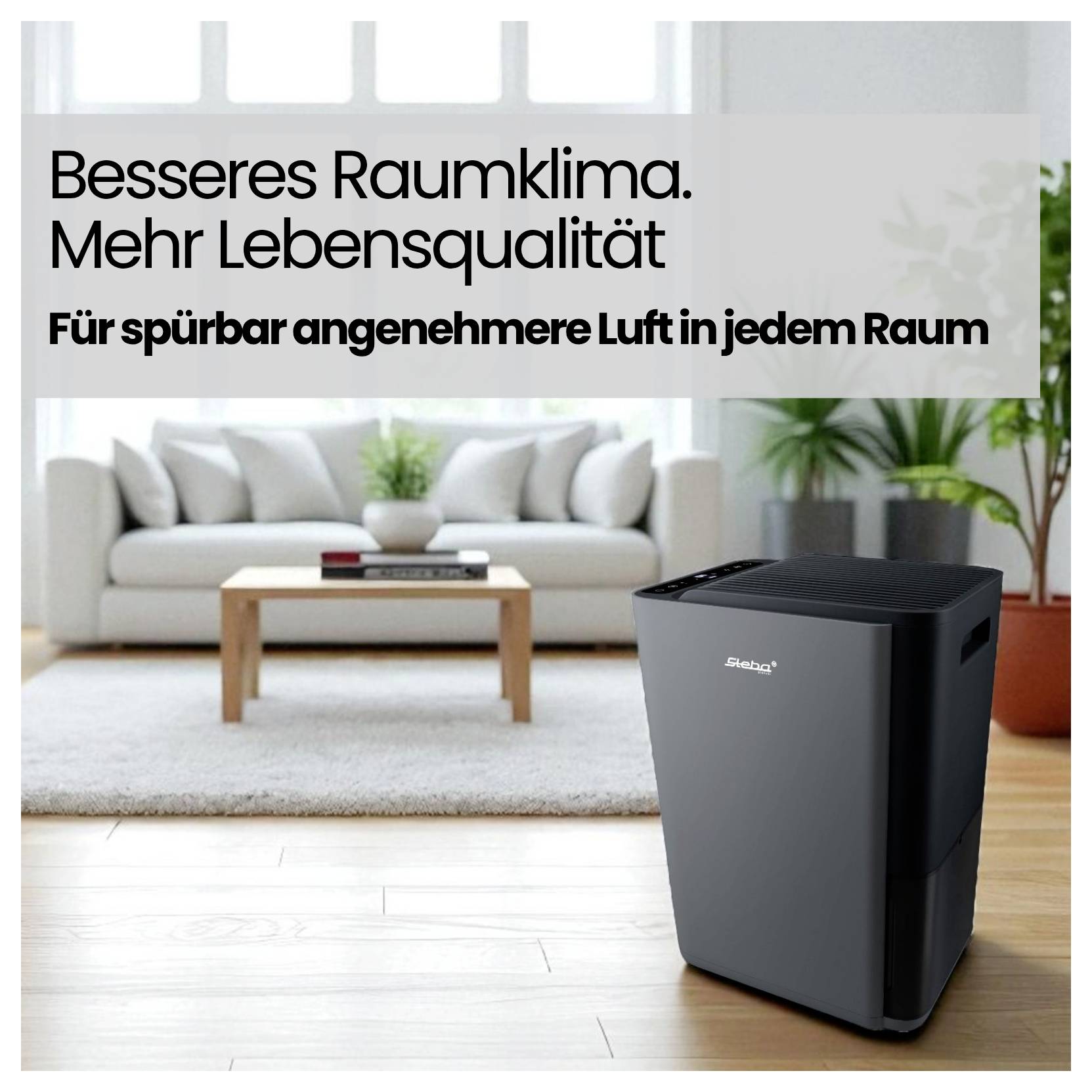 Advertisement for a room air purifier in a living room, with German text: 'Besseres Raumklima. Mehr Lebensqualität' and 'Für spürbar angenehmere Luft in jedem Raum'.