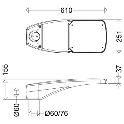 Technical drawing of a streetlight fixture, showing top and side views with dimensions: 610 mm long, 251 mm wide, 155 mm high, and mount diameters Ø60/76.