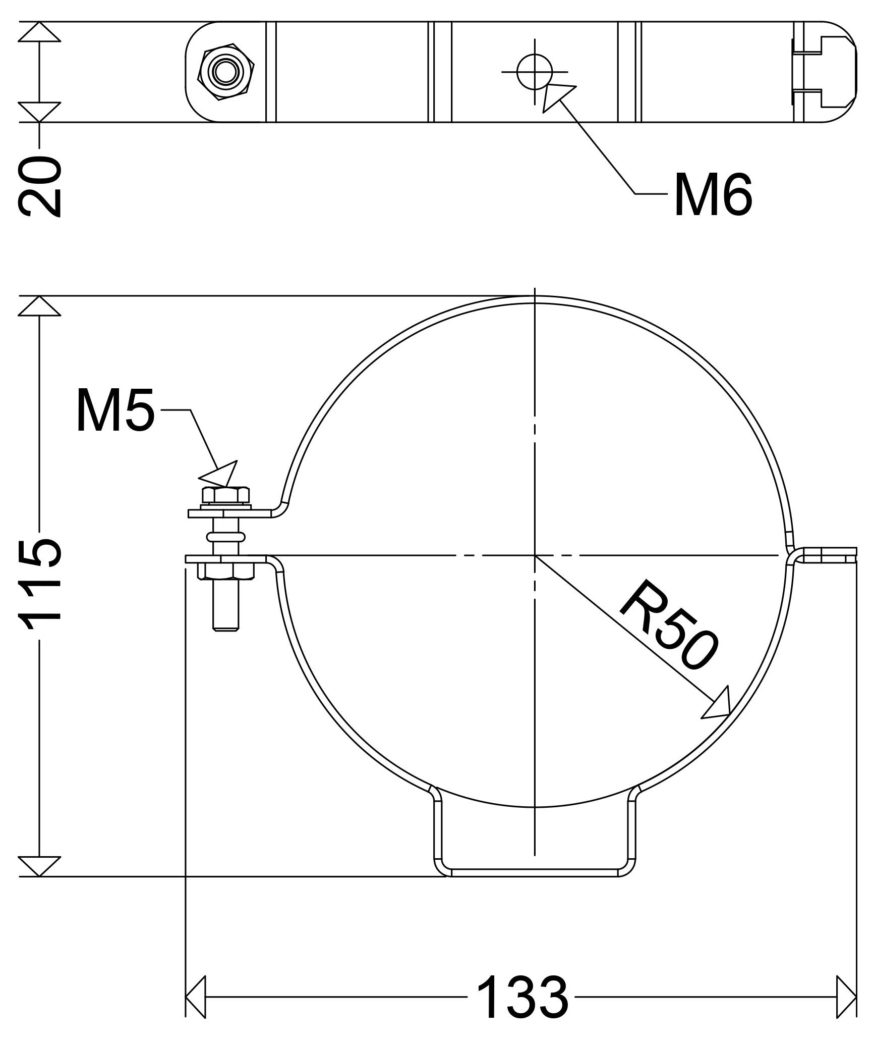 Technical drawing of a circular clamp with dimensions 133 wide, 115 high, 20 thick, radius R50, and M5 and M6 fastener points.