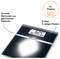 Shown is a digital bathroom scale featuring narrow electrodes made of brushed stainless steel and a large two-line display.