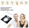 Advertising graphic for a body analysis scales with displays for body weight, body fat, body water, muscle percentage, bone mass and calorie display; couple smiling next to the scales.