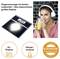 Advertisement image of a diagnostic scale with blue illuminated display and a woman wearing headphones holding a drink; below are symbols for XL display, body analysis and 'DIAGNOSE Premium Line'.