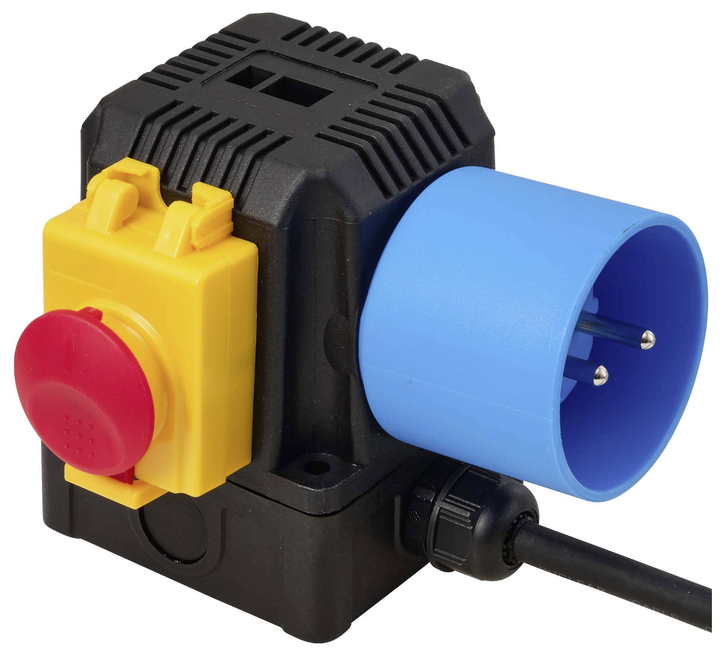 Portable power socket adapter with a blue industrial plug, black housing, and a yellow switch with a red button attached to a cord.
