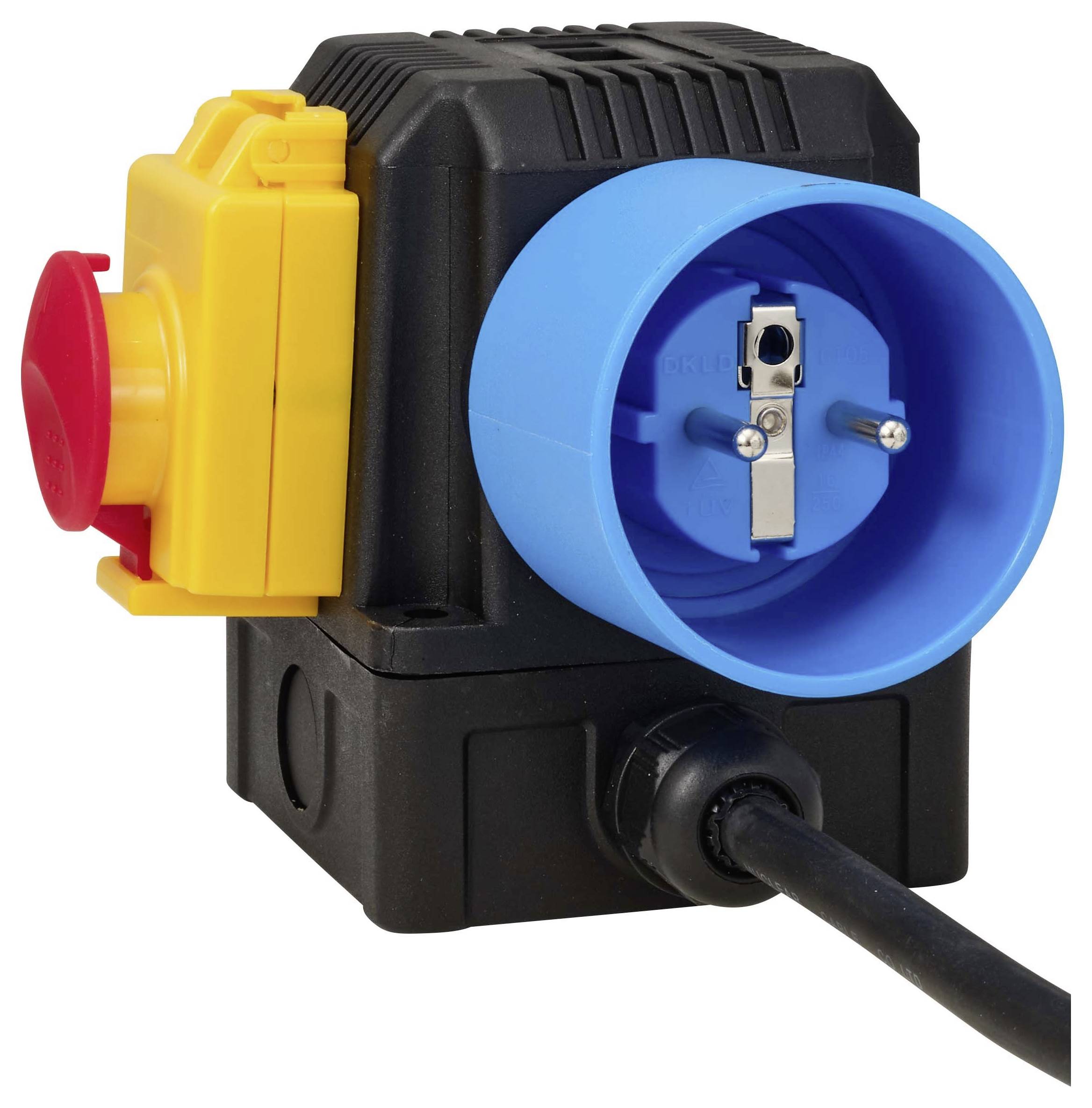 Close-up of an industrial electrical connector with a red emergency stop button, yellow switch, blue socket, and attached cable.<br>