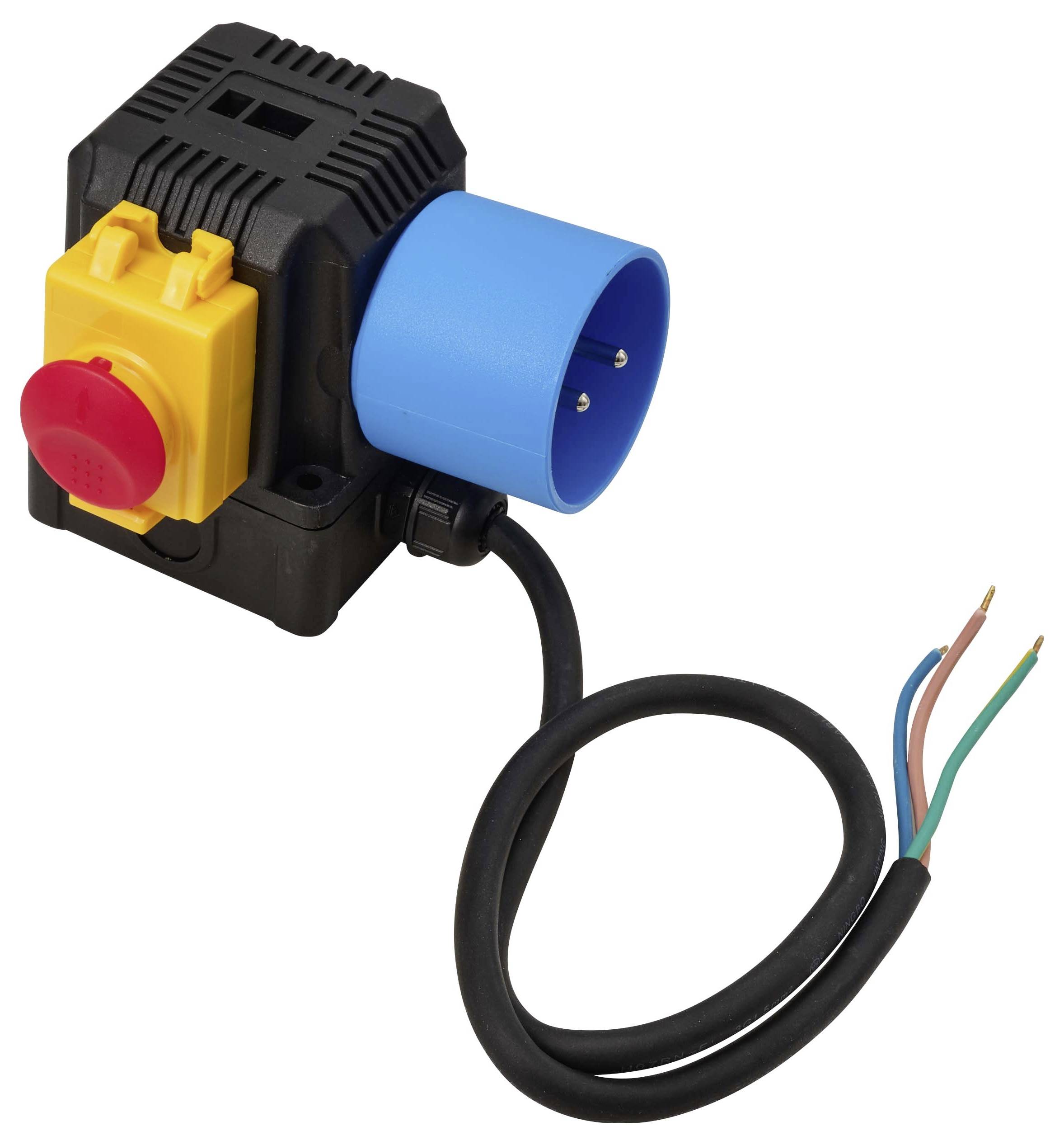 Portable electrical control switch with red emergency stop button, blue power socket, and exposed power wires on a white background.