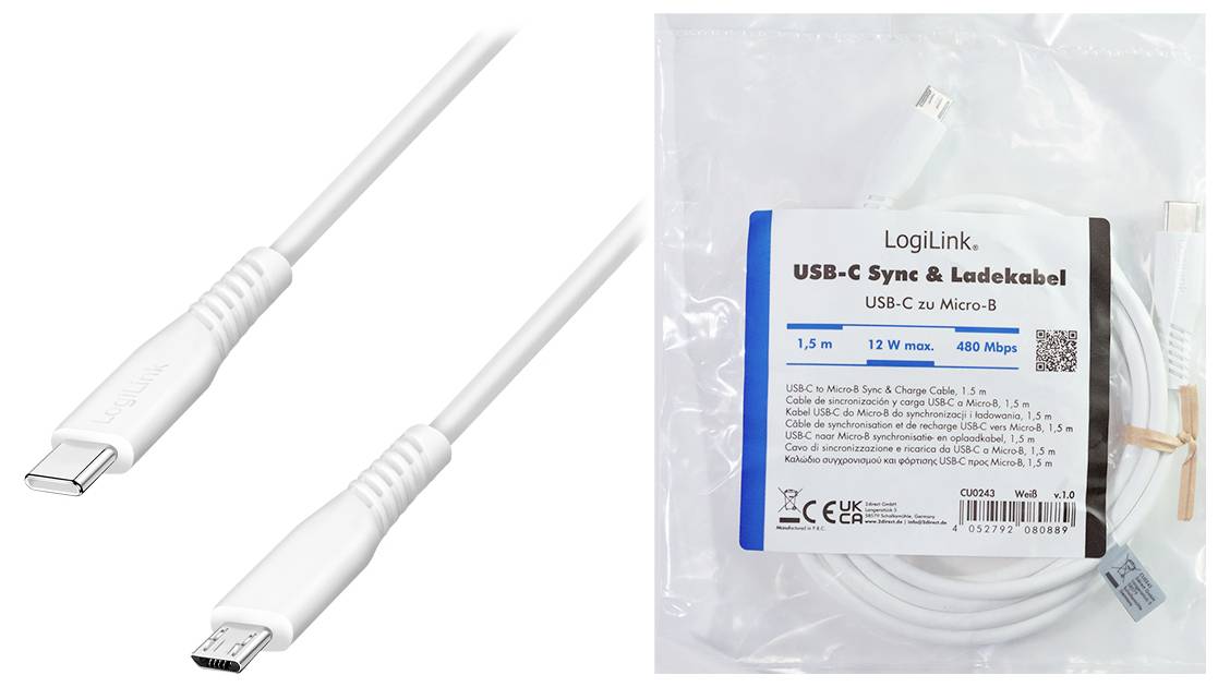 White USB-C charging cable with a USB-C and Micro-B connector, shown with retail packaging labeled 'LogiLink. USB-C Synk. und Ladekabel'.