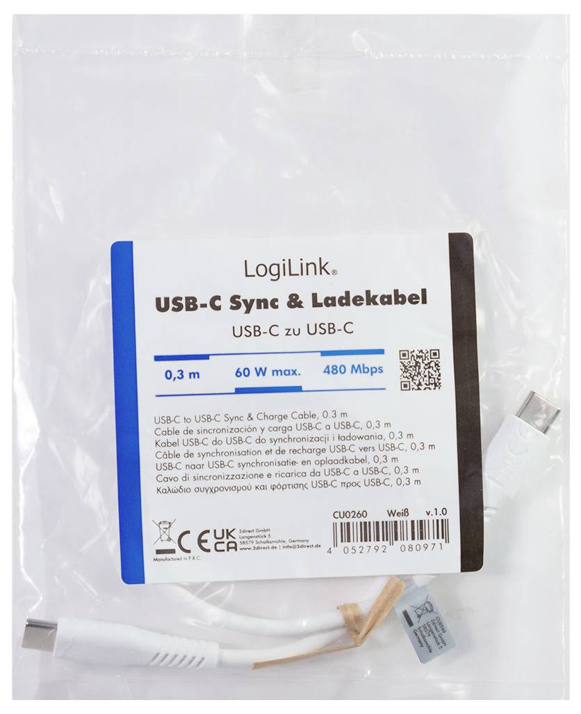 Packaged LogiLink USB-C sync and charging cable, USB-C to USB-C, 0.3 m, 60 W max, 480 Mbps, with barcode and QR code.