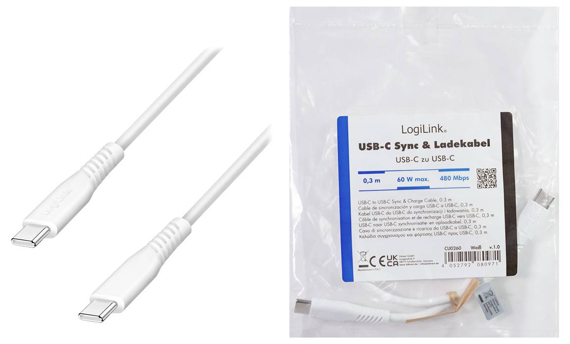 USB-C to USB-C charging cable shown beside its retail package labeled 'LogiLink USB-C Sync & Ladekabel', 0.3 m, 60 W, 480 Mbps.