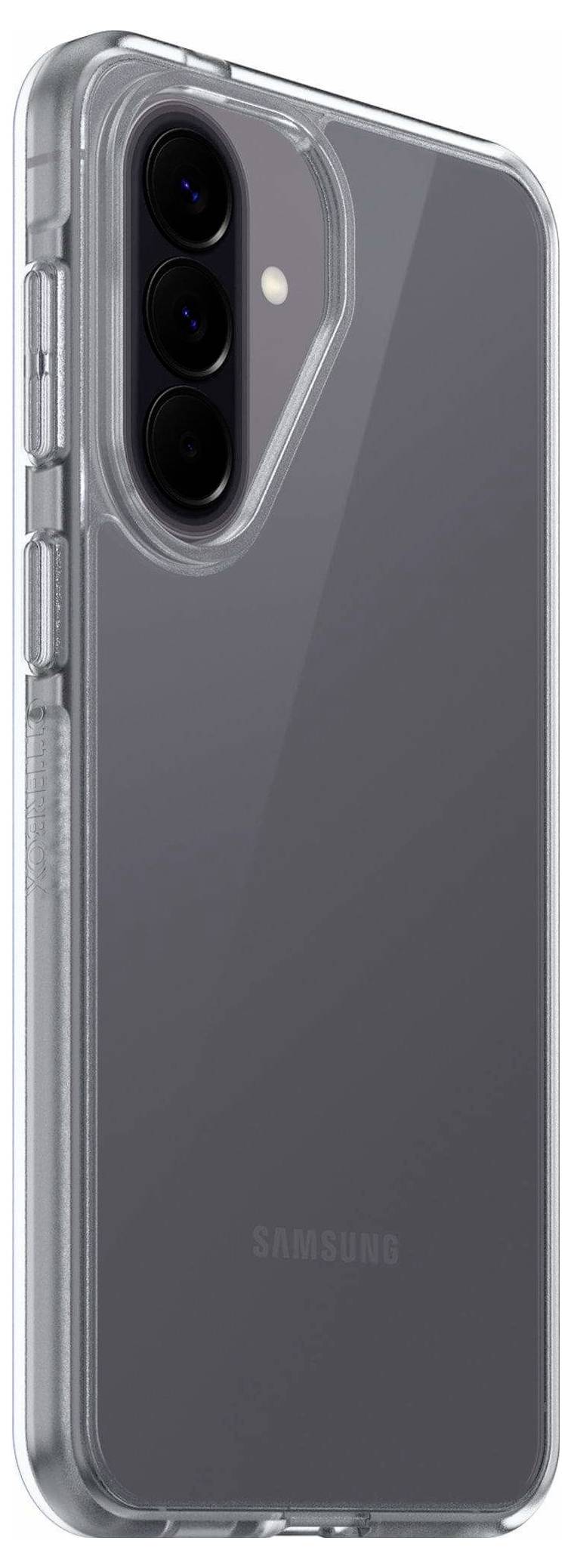 Clear protective phone case on the back of a Samsung smartphone, showing the raised triple-camera cutout and flash opening.