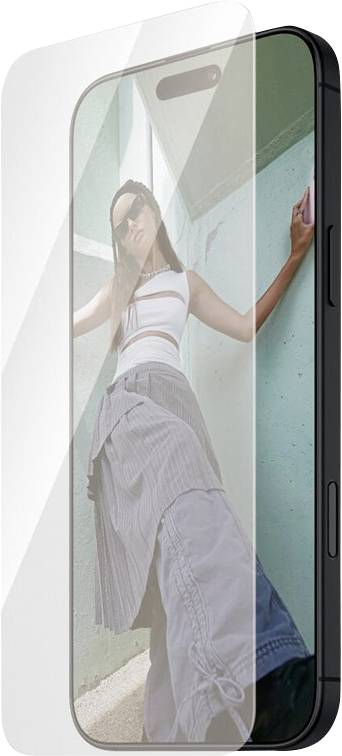 Smartphone shown with a transparent protective screen film partially peeled off, revealing a woman posing on the display.