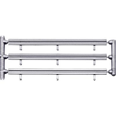 Three horizontal metal towel bars with wall brackets, shown as a simple hardware rack layout on a white background.