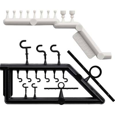 Plastic display of assorted black and white clip-like hooks and stands arranged in two rows, shown on a white background.