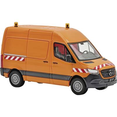 Orange Mercedes utility van with red-and-white hazard stripes and roof beacons, shown in side view on a white background.