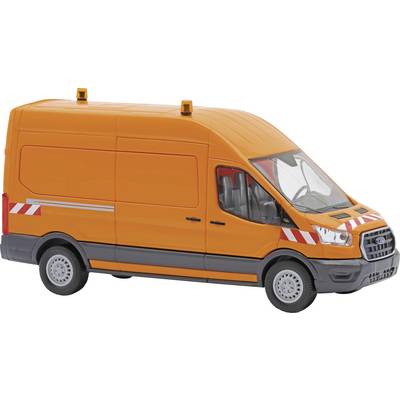 Orange delivery van with roof lights and red-and-white safety stripes on the front and sides, shown in side view on a white background.