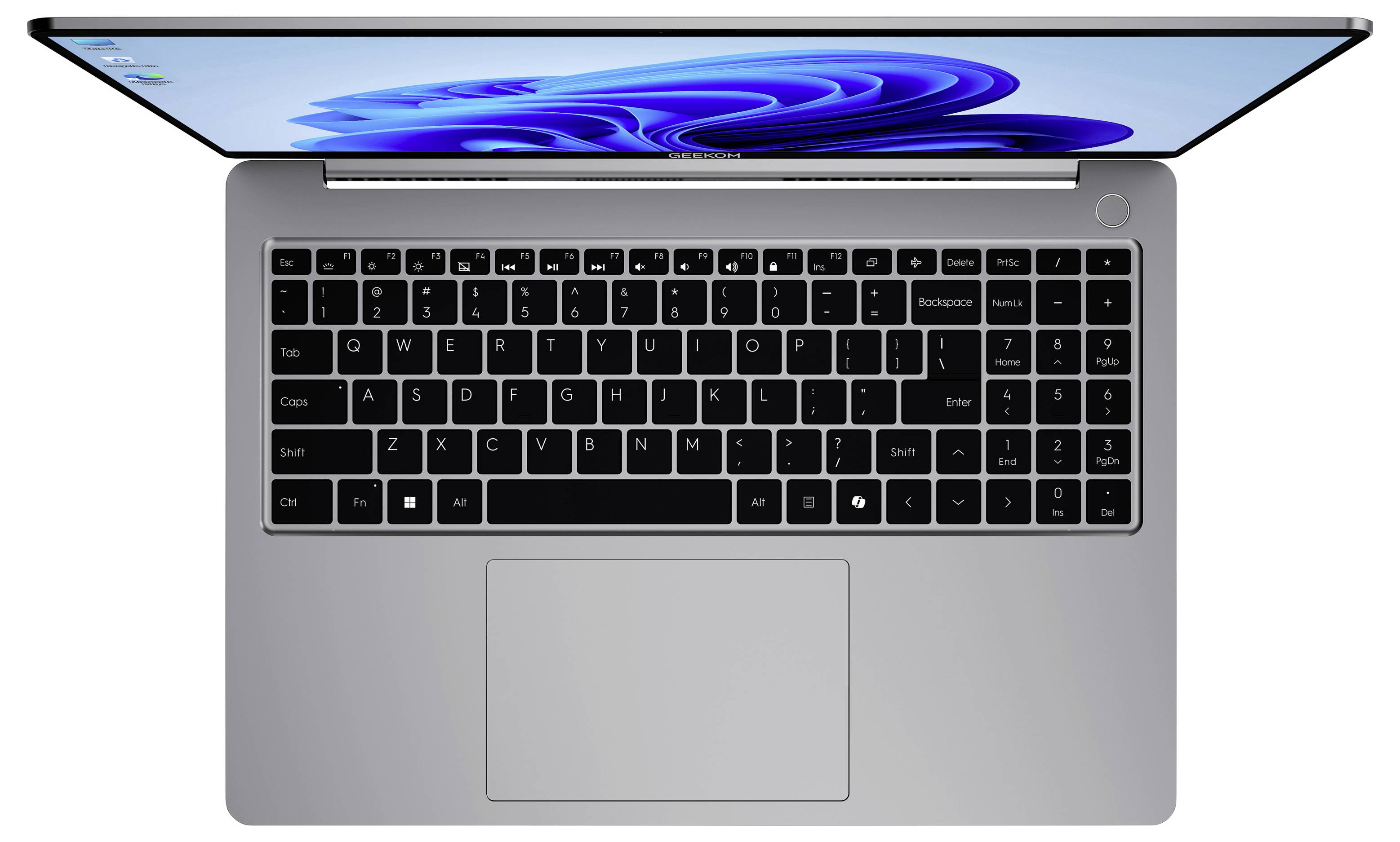 Top view of an open silver laptop with a black keyboard, large touchpad, and blue abstract wallpaper on the screen.