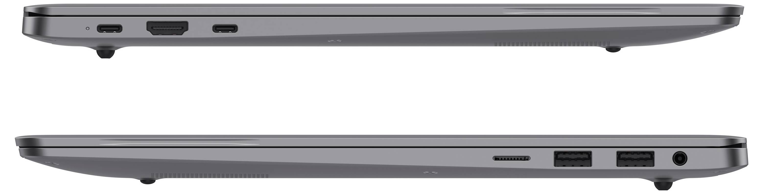 Side views of a thin gray laptop, showing closed top and bottom edges with ports and feet on a white background.