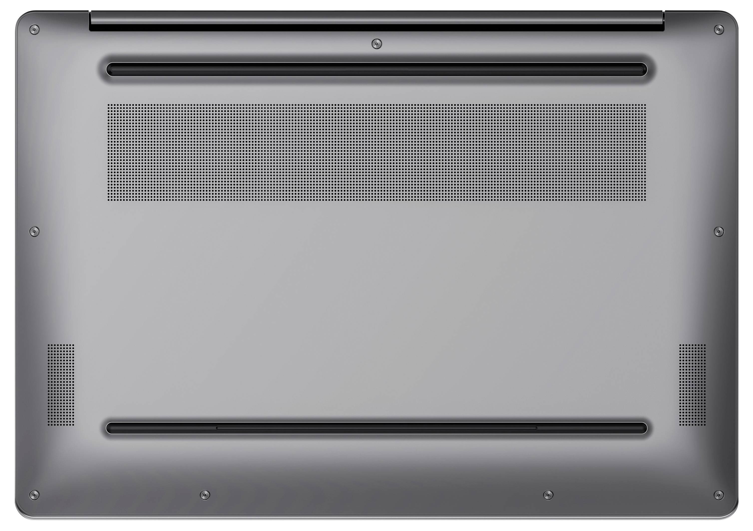 Bottom view of a silver laptop, showing vents, screws, and black rubber feet on the underside.