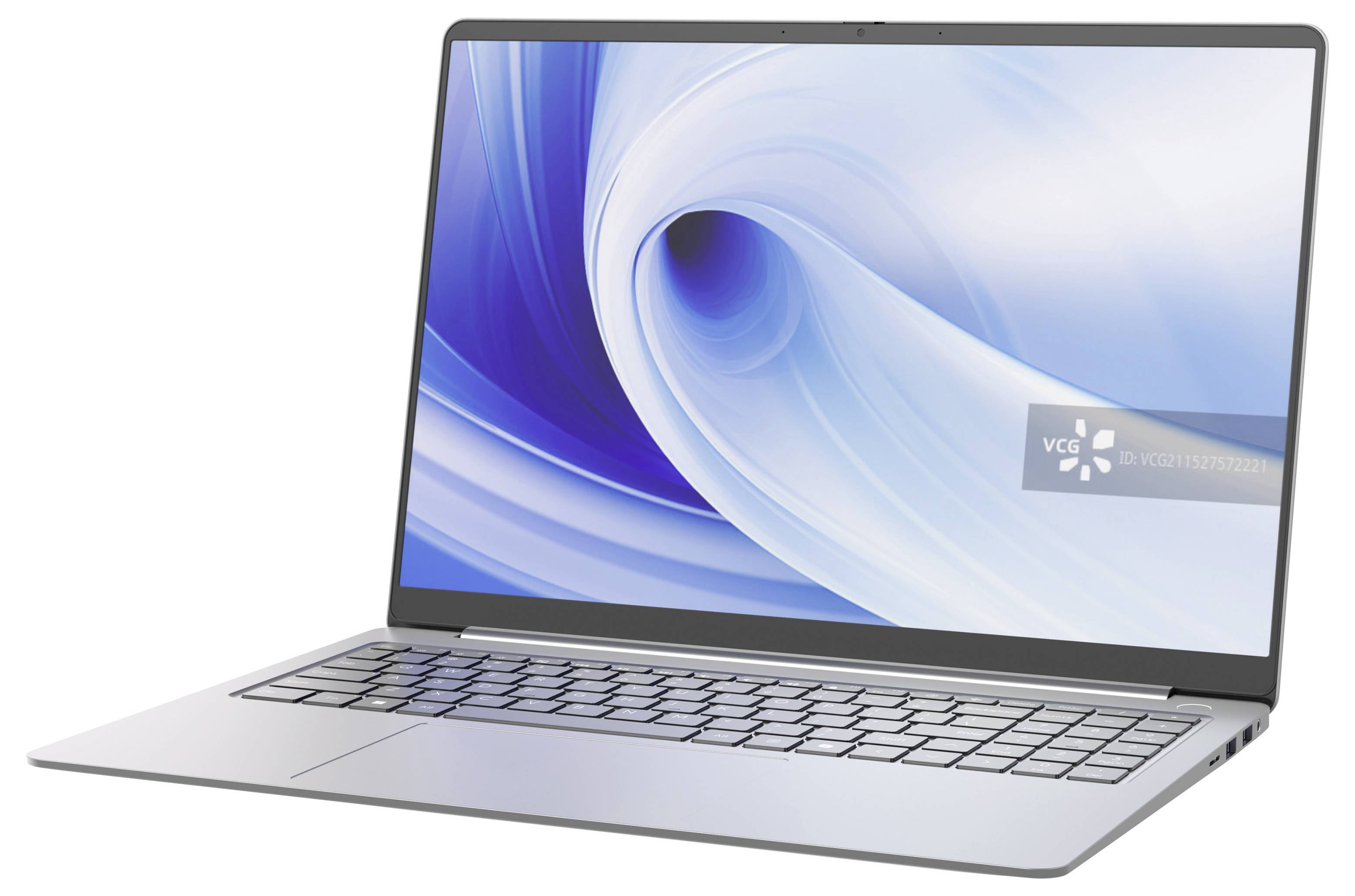 Silver laptop computer with blue abstract swirl wallpaper on the screen, shown open at an angle on a white background.