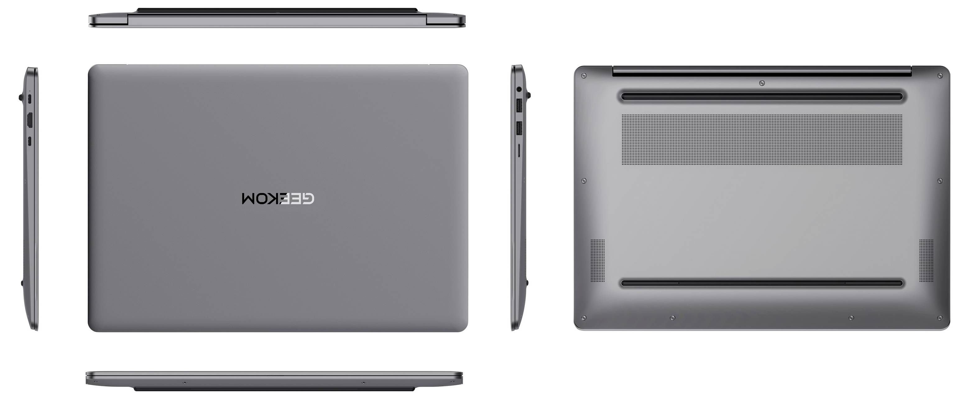 A gray laptop shown from multiple angles: lid, sides, and underside, highlighting its slim profile and ports.