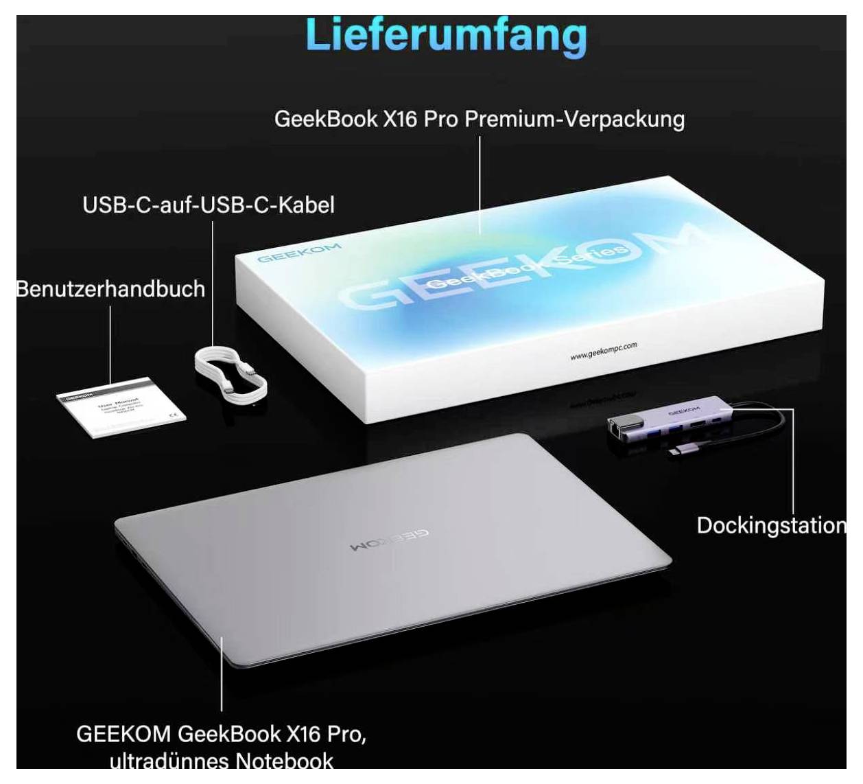 German product contents image showing GeekBook X16 Pro package: laptop, premium box, USB-C cable, user manual, and docking station.<br>