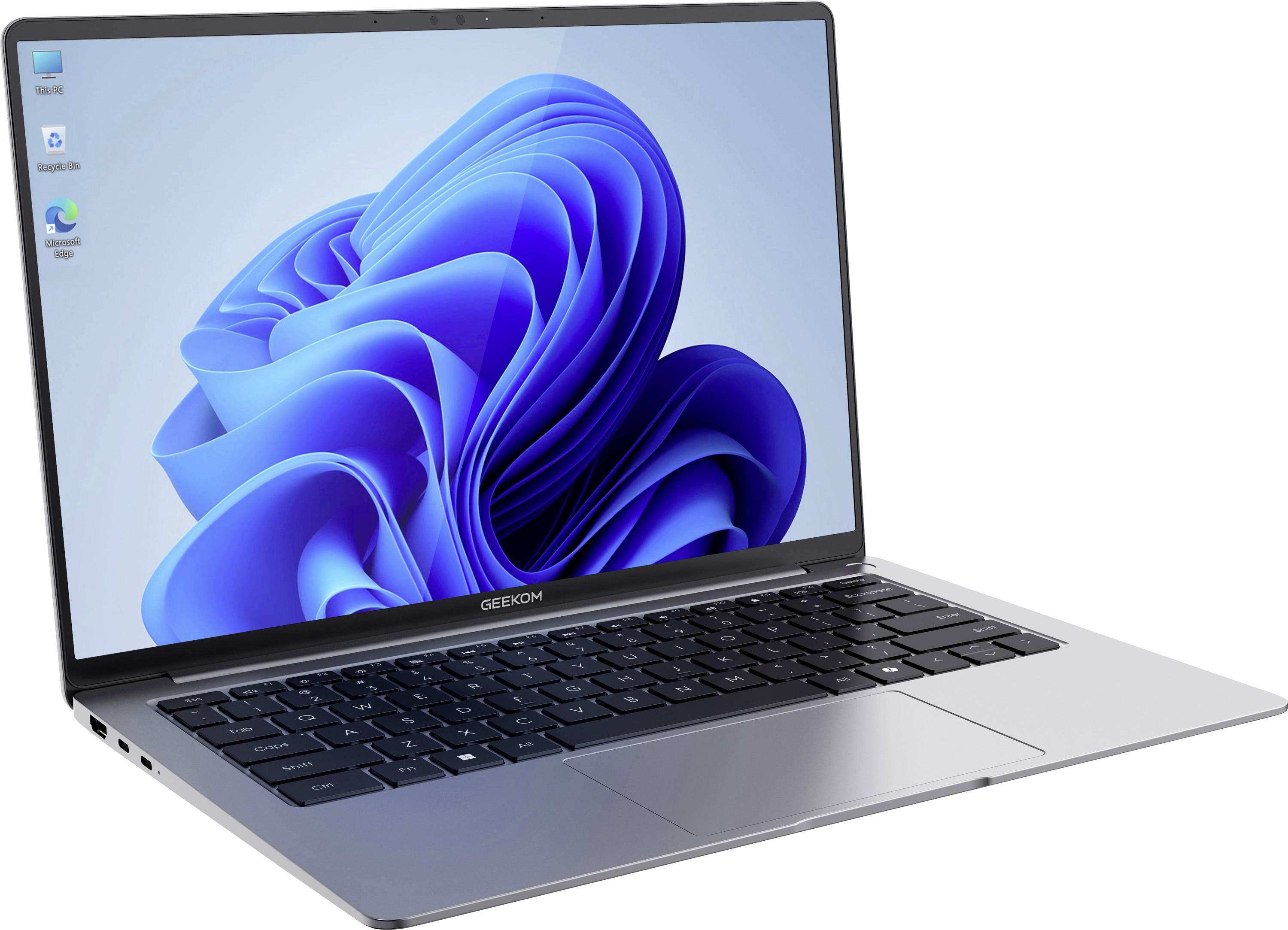 Open laptop displaying the Windows 11 desktop with the blue abstract swirl wallpaper.