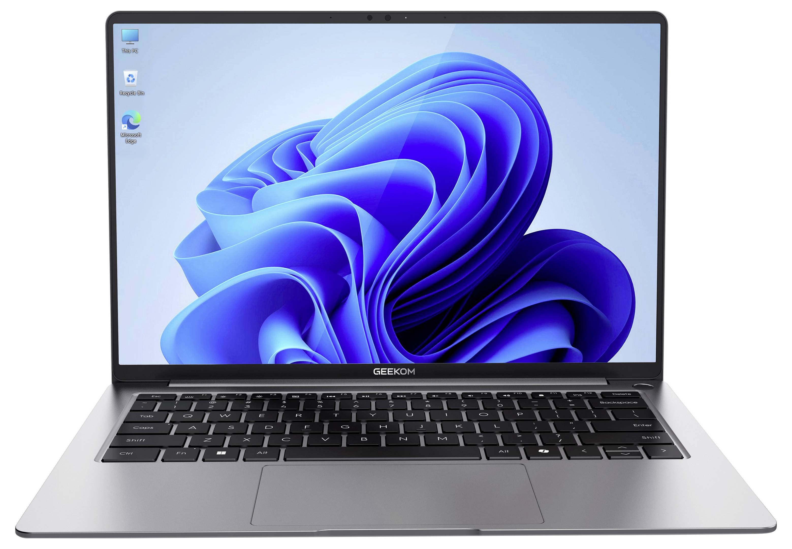 Front view of an open silver laptop showing a Windows 11 desktop with blue abstract wallpaper.