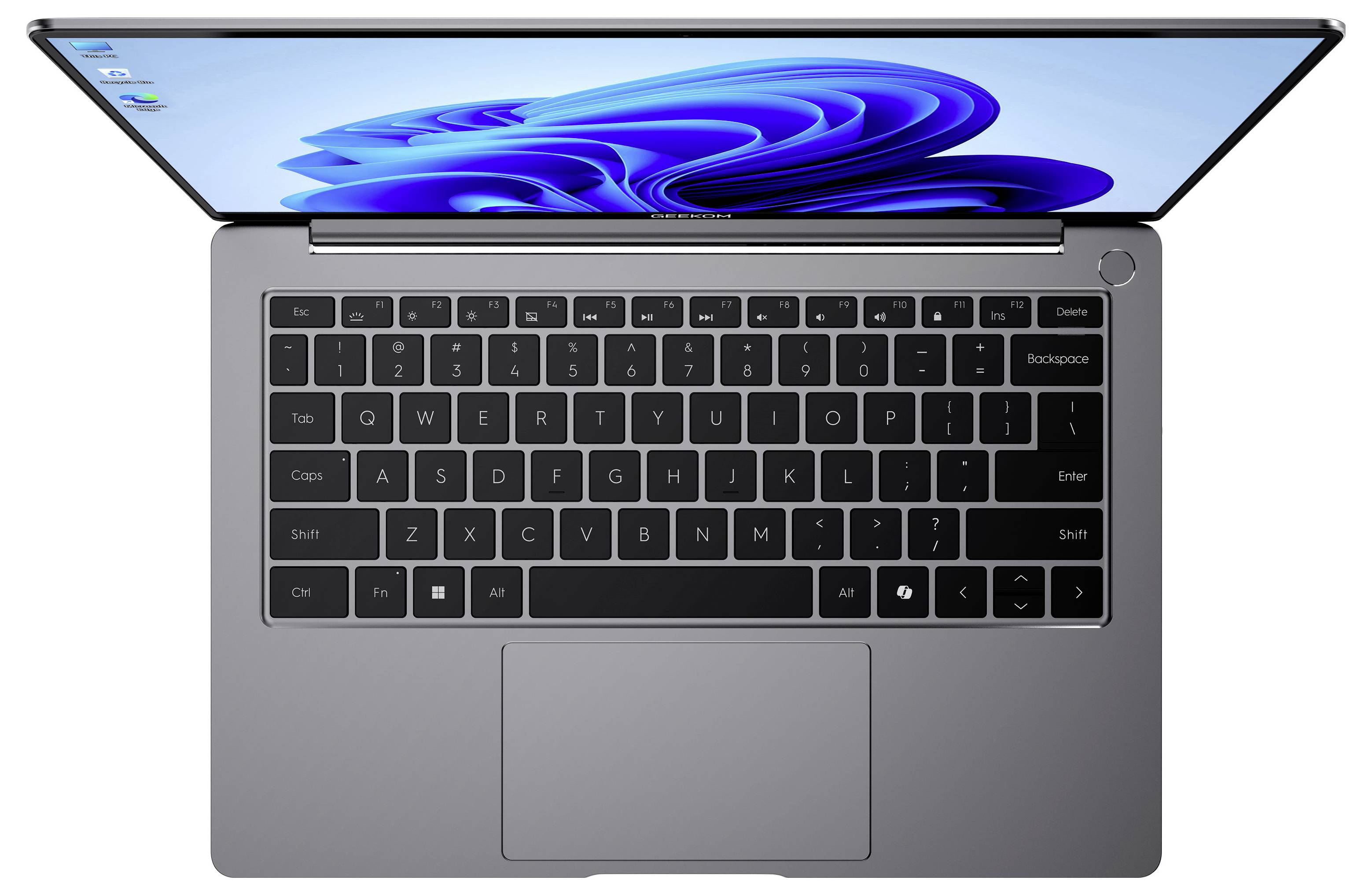Top-down view of an open gray laptop with a blue Windows-style screen and black keyboard, centered on the touchpad.