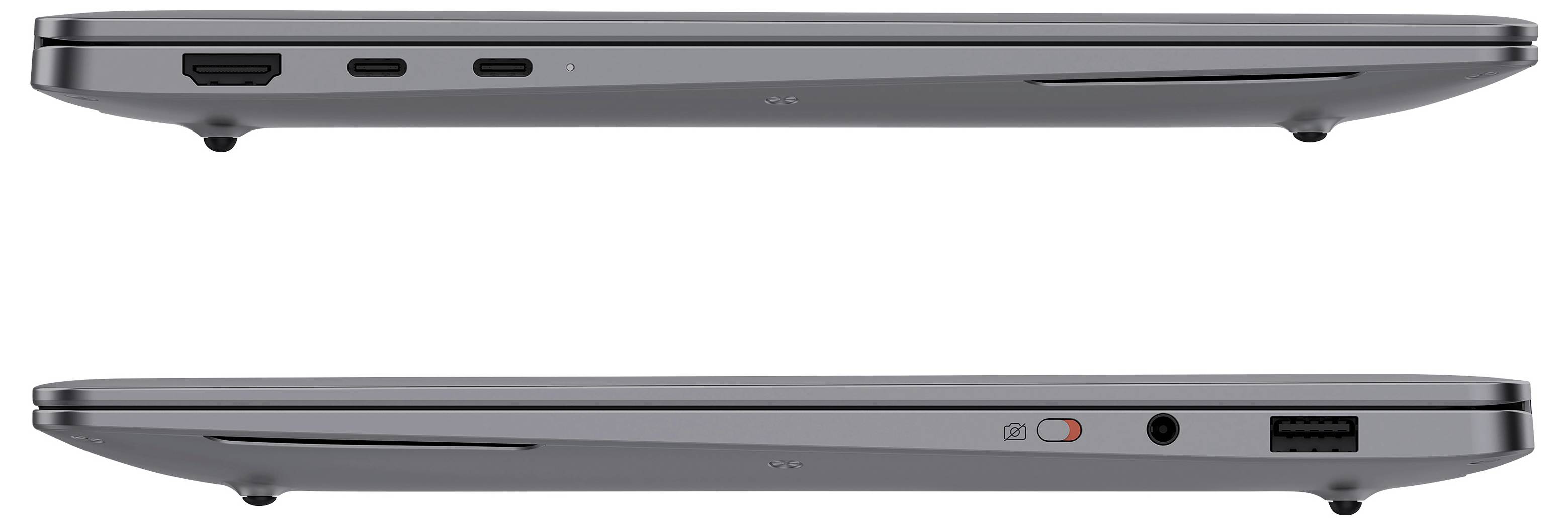 Side view of a closed gray laptop, showing the thin profile with ports and rubber feet on the underside.