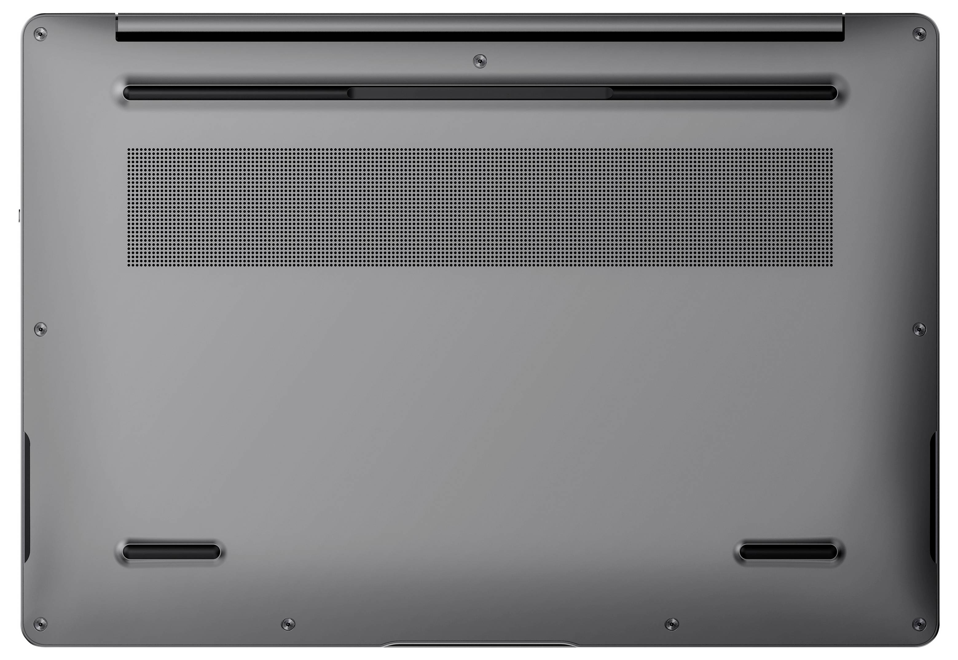 Bottom view of a closed silver laptop showing ventilation grilles, rubber feet, and screws on the underside.