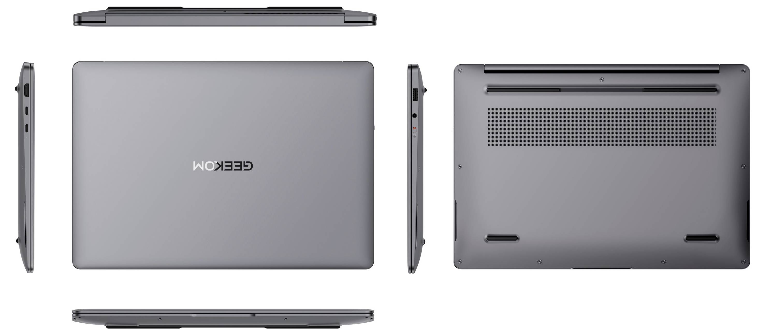 Four views of a closed gray GEEK notebook laptop: top, side, and bottom showing ports, vents, and feet.