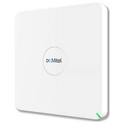 White square Mitel wall-mounted device with rounded edges and a small green accent in the bottom-right corner.