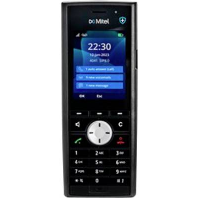 Mitel cordless office phone showing the home screen at 22:30, with menu options and physical call, navigation, and number keys.