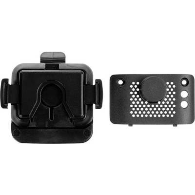 Black smartphone mount and vent clip shown front and back, with adjustable cradle and perforated attachment plate.