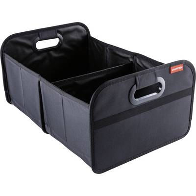 Black collapsible fabric storage bin with side handles and open top on a white background.