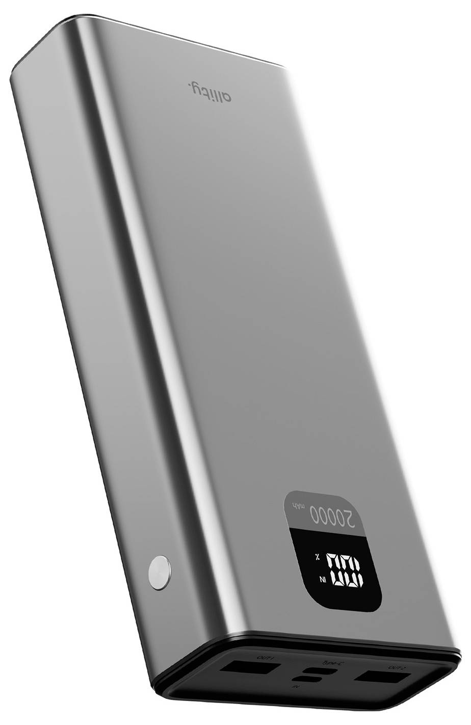 Silver portable power bank with digital battery display and multiple USB ports at the bottom<br>