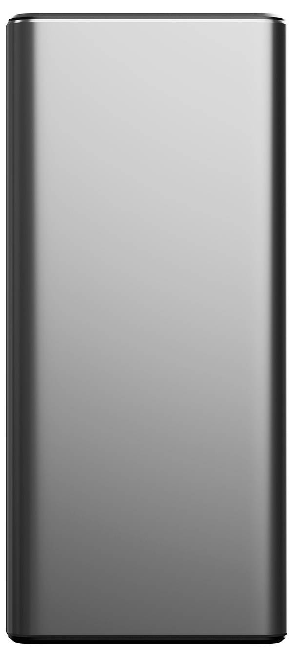 A silver metallic rectangular appliance or container, shown front-on with rounded edges and a smooth reflective surface.<br>