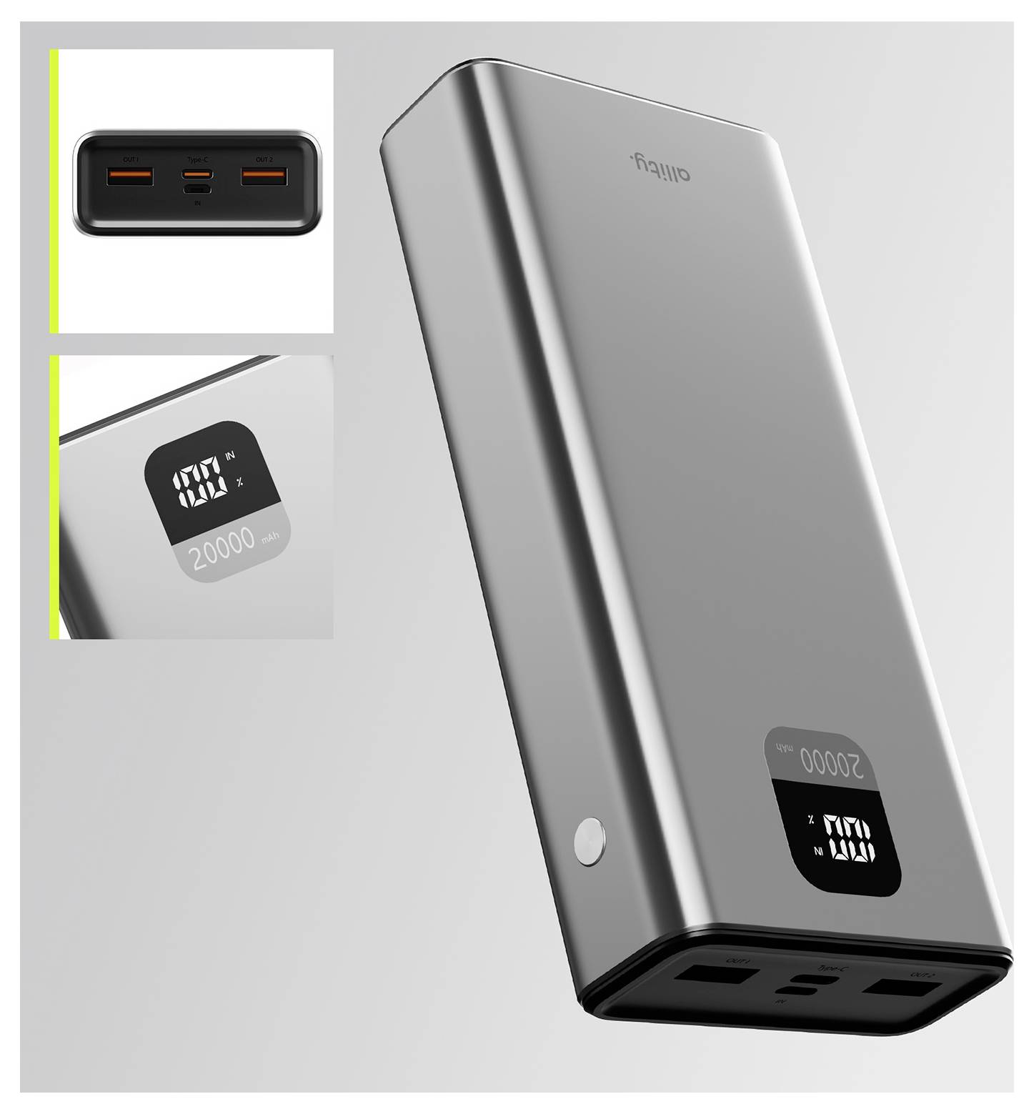 Silver portable power bank with digital charge display and multiple USB ports, shown with close-up insets of the ports and battery indicator.