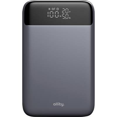 Gray Allity portable charger with digital display showing IN 100%, OUT 20V and 50A.