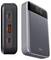 Portable power bank shown front and side views, with three USB-C ports and a digital display showing 100% charge.