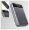 Gray portable power bank with digital battery display; inset views show two USB ports and the charging screen.