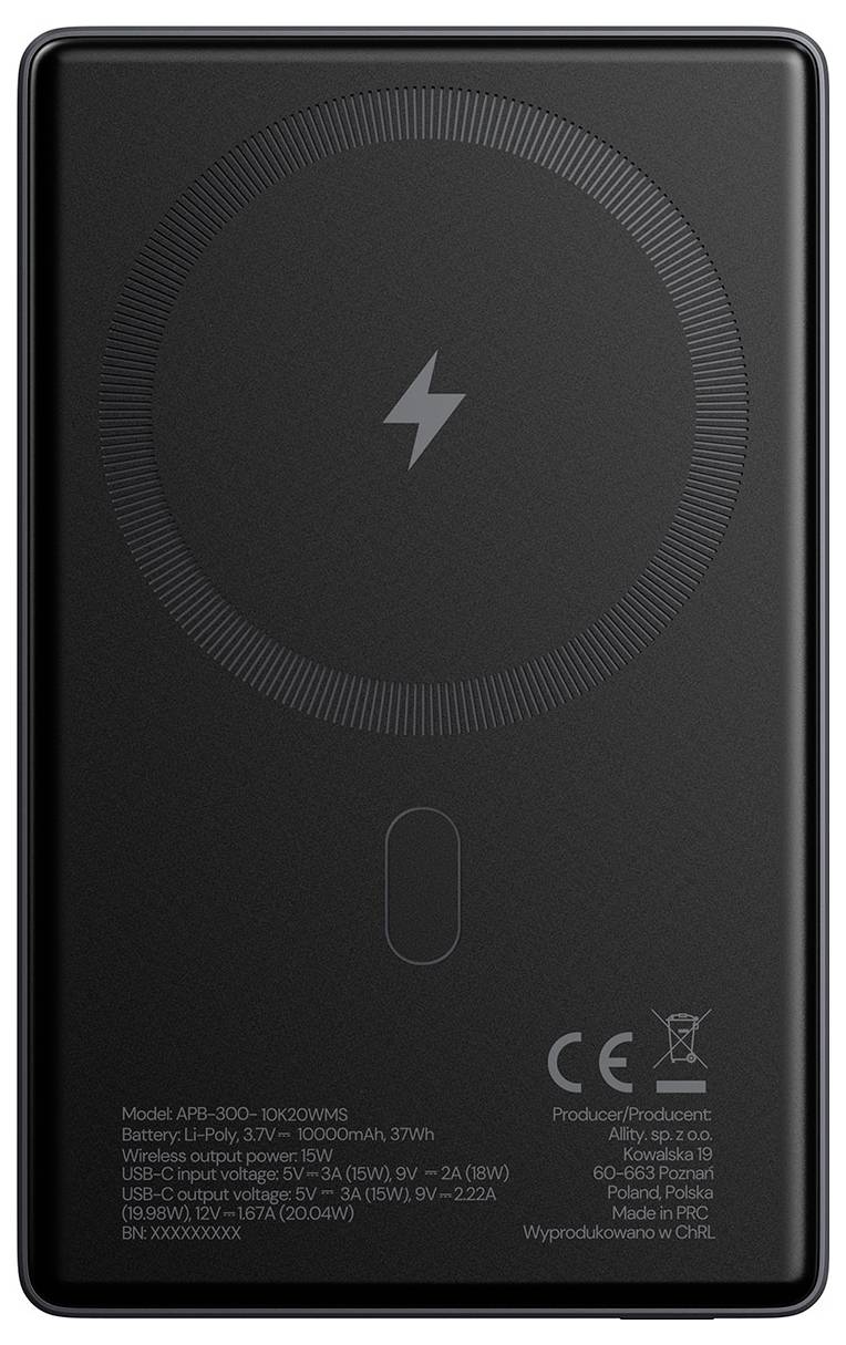 Black wireless power bank with a central lightning bolt icon and a battery indicator, shown front view with product and certification text at the bottom.